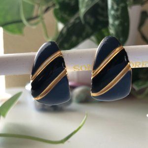 Vintage Brass Earrings: Navy/Black/Gold Stripe